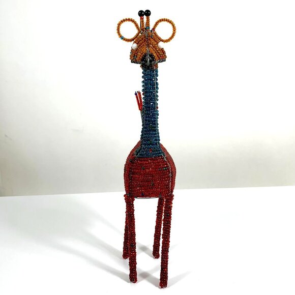 Handcrafted Multicolor Beaded Wire Giraffe Sculpture Art Decor Figurine Safari - Picture 2 of 6